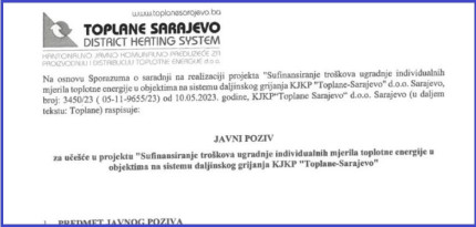 Javni poziv - KJKP Toplane-Sarajevo