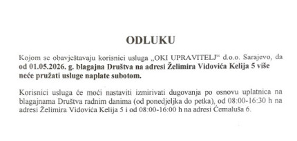 Obavje&scaron;tenje o ukidanju radnog vremena na blagajni subotama